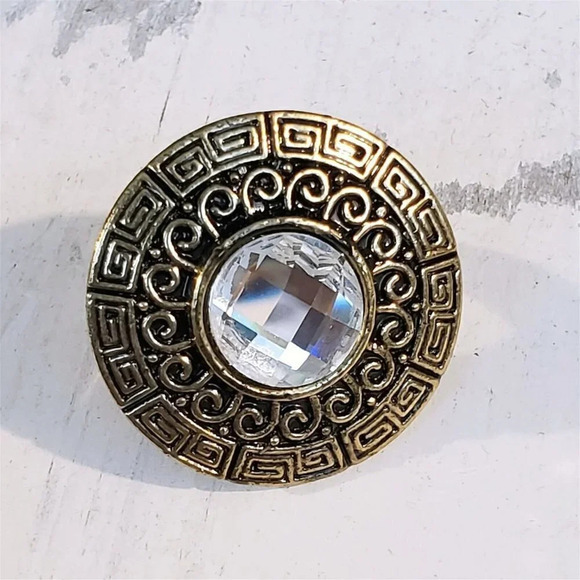 Y2K Bronze Clear Faceted Crystal Round Greek Key Cocktail Ring Vintage Grunge - Picture 4 of 9